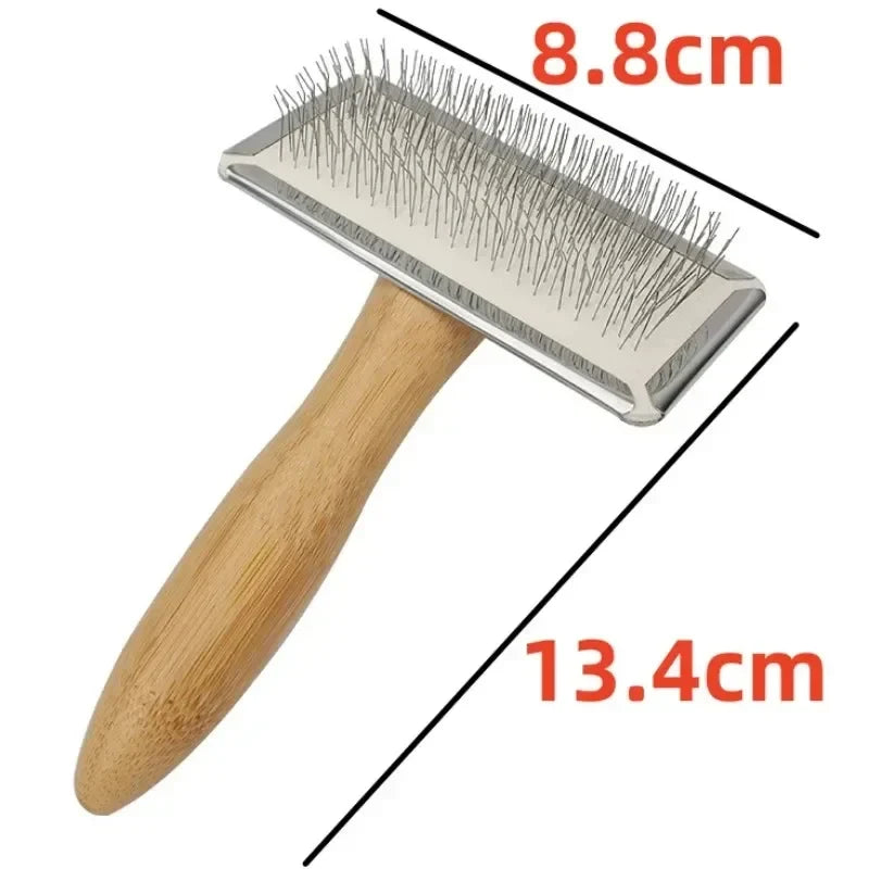 Wood Dog Comb Pet Hair Remover Massage Grooming Brush, Stainless Steel