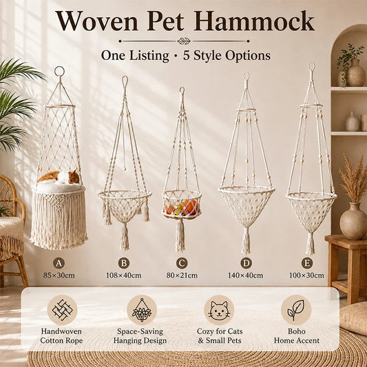 Boho Macrame Hanging Pet Hammock, Hand‑Woven - MyPetDollar.com