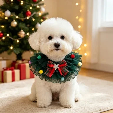 Christmas Festival Pet Neckwear Lace Edge Bow Pom Design