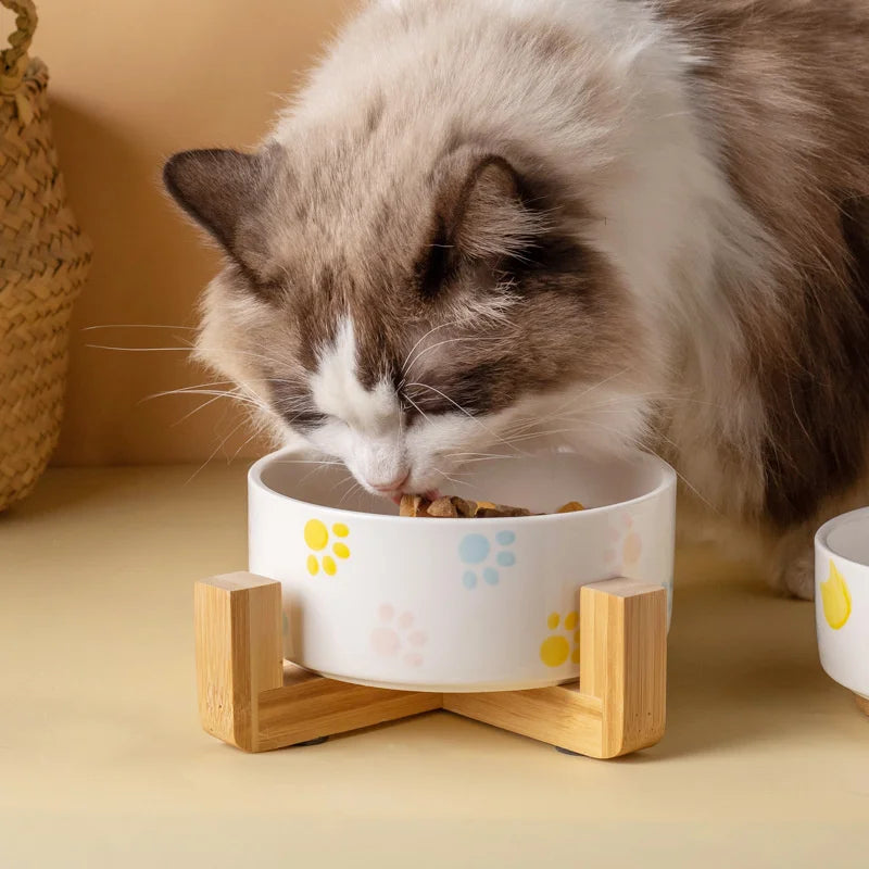 Ceramics Dog Bowl with Wood Mat Wide Mouth - MyPetDollar.com