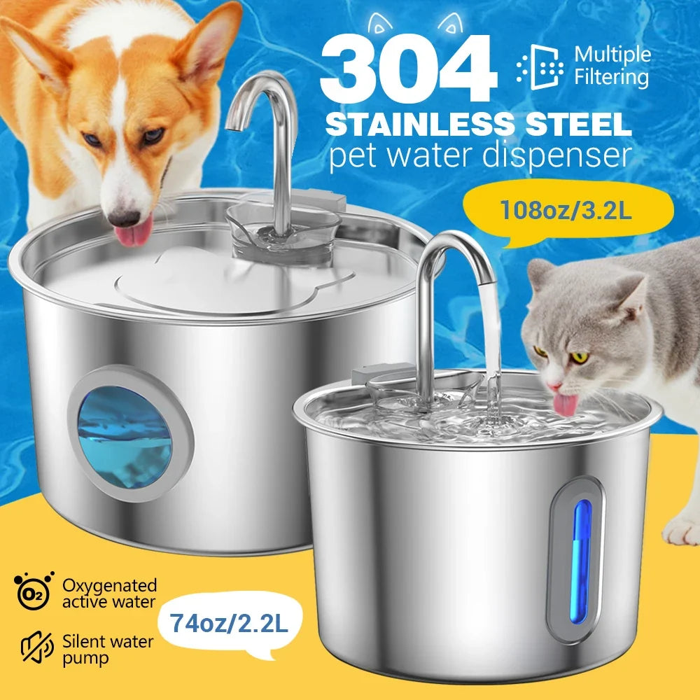 2.2L/3.2L Stainless Steel Pet Water Fountain - MyPetDollar.com