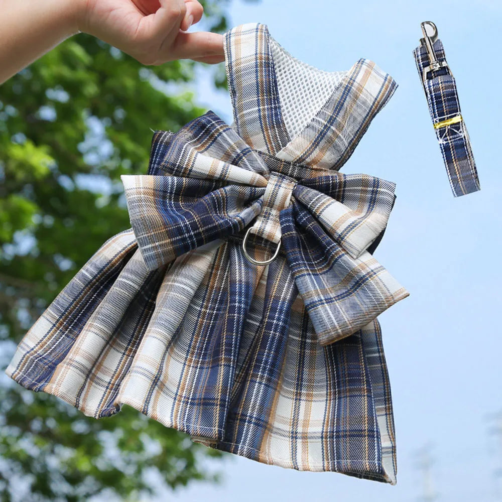 Plaid Dog Dress Bow Tie Harness Leash Set - MyPetDollar.com