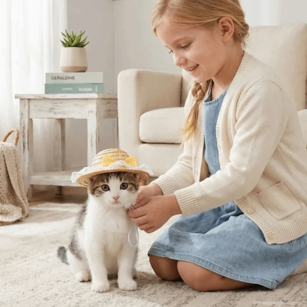 Adjustable Pet Straw Hat Wide Brim Sun - MyPetDollar.com