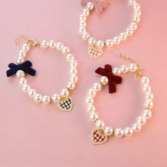 Pet Bow Pearl Collar Cat Jewelry Heart - MyPetDollar.com