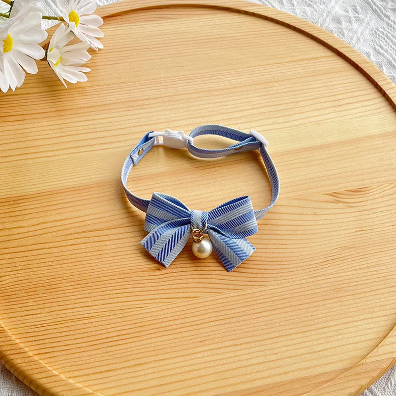 Breakaway Cat Bowtie Collar, Pearl Decor Pink Blue Bow Collar