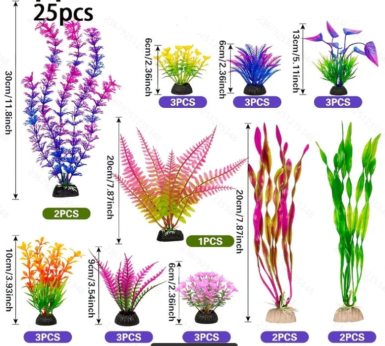 25 Artificial Aquarium Decor Plants – 8 Colors