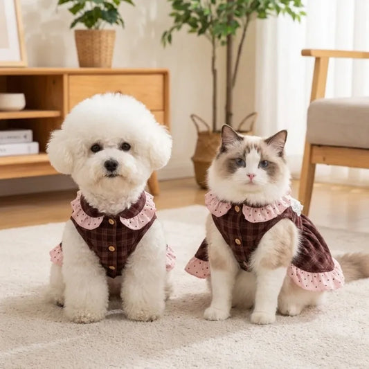 Retro Plaid Winter Dog Dress Lace Ruffle Pet - MyPetDollar.com