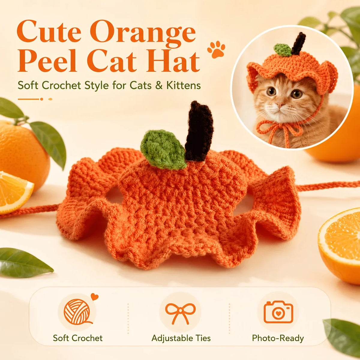 Cute Orange Peel Cat Hat, Soft Crochet - MyPetDollar.com