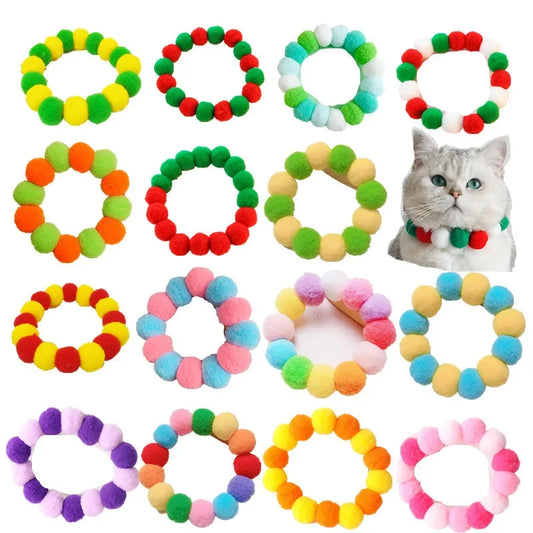 Elastic Plush Pom Ball Pet Collar Rainbow - MyPetDollar.com