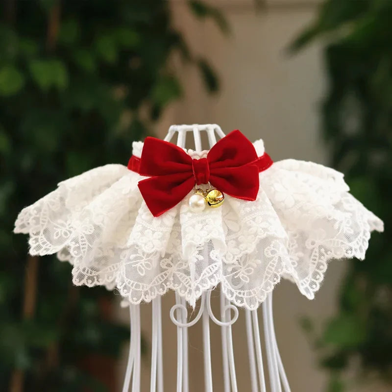 Lace Bowknot Pearl With Bell Neckerchief Pet - MyPetDollar.com