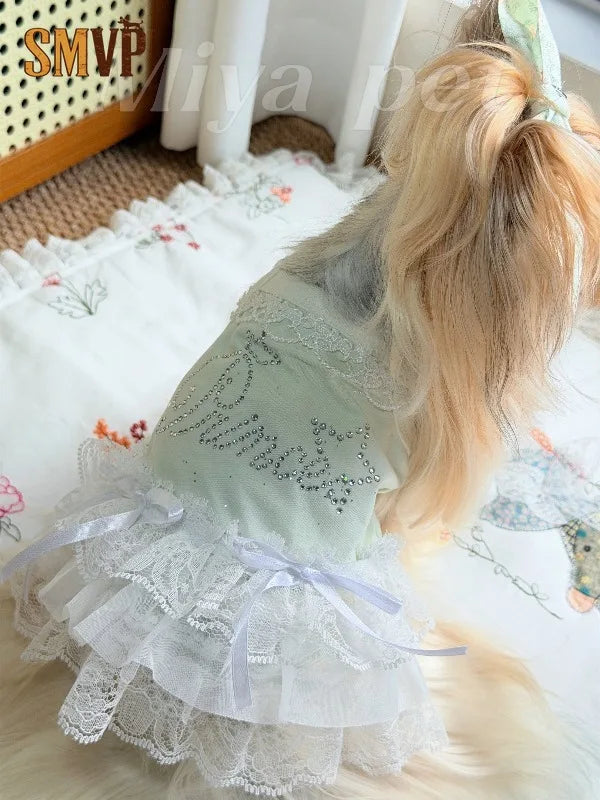 Pure Cotton Pet Strap Dress Lace Rhinestone - MyPetDollar.com