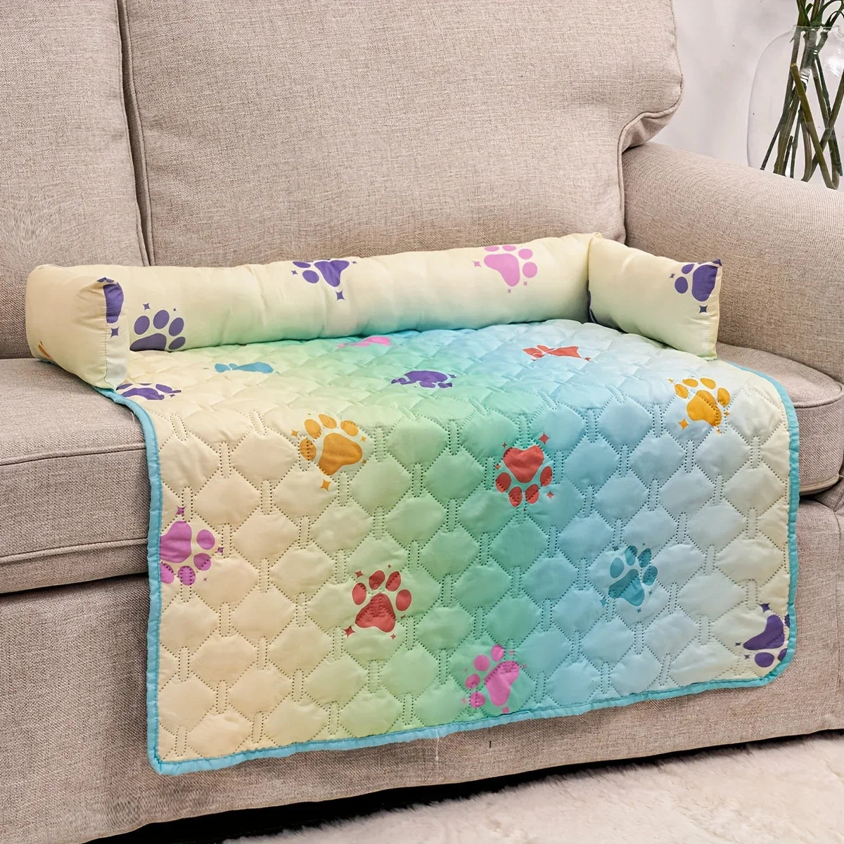 Non-Slip Reversible Rainbow Check Pet Bed with Pillow Waterproof Anti