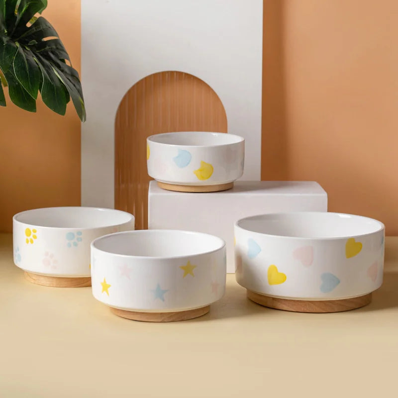 Ceramics Dog Bowl with Wood Mat Wide Mouth - MyPetDollar.com