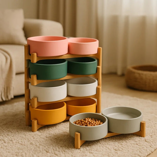 Spill-Proof Dual Ceramic Bowls with Wooden - MyPetDollar.com