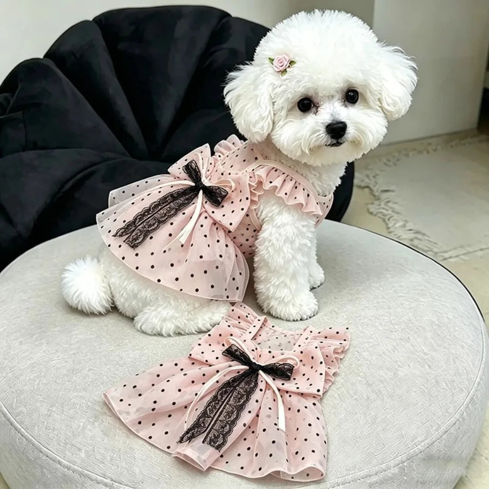 Thin Dogs Polka Dot Lace Dress Soft Fabric Bow Decoration, Breathable