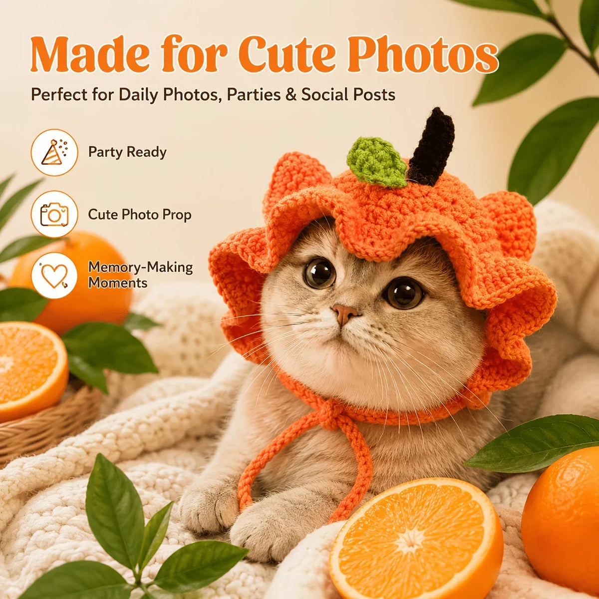 Cute Orange Peel Cat Hat, Soft Crochet - MyPetDollar.com