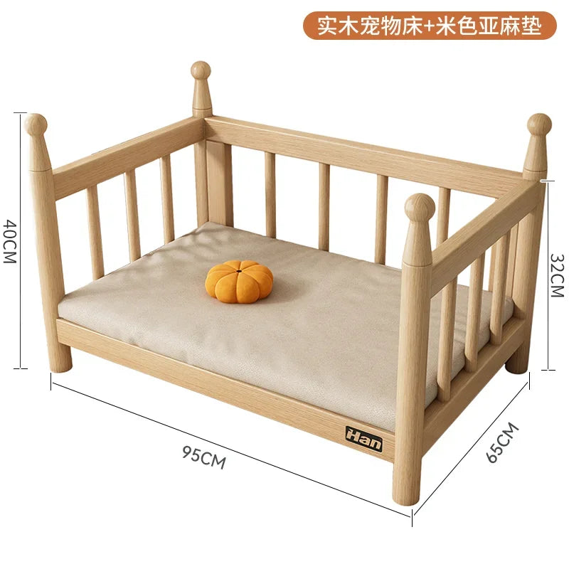 Washable Nordic Wood Dog Kennel Raised Guardrails Princess Pet Bed