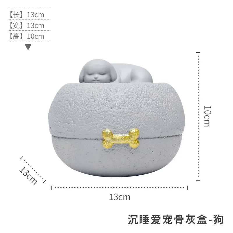 Grey Resin Pet Urn with Sleeping Puppy and Gold Bone – Dog Beds & Mats